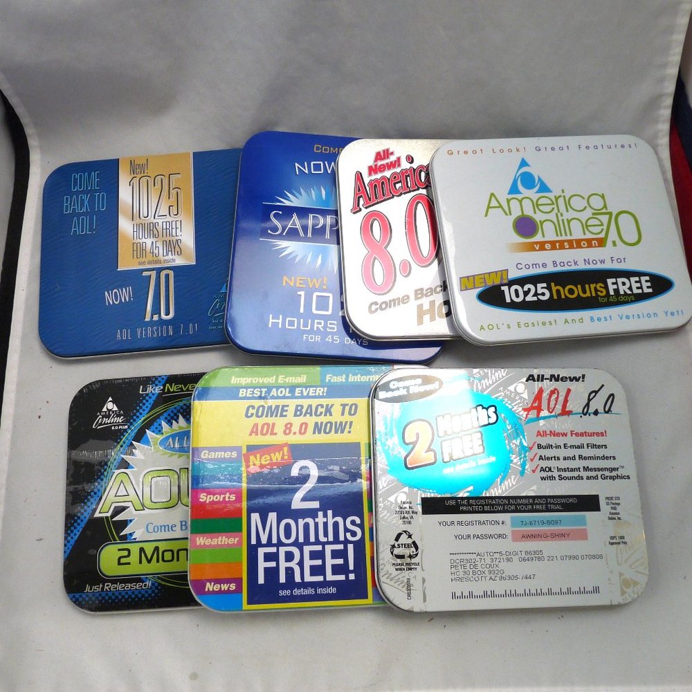 7 AOL computer disc tins advertising vintage
